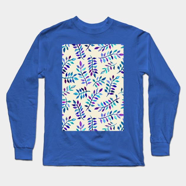 Hand Painted Purple & Aqua Leaf Pattern on Cream Long Sleeve T-Shirt by micklyn